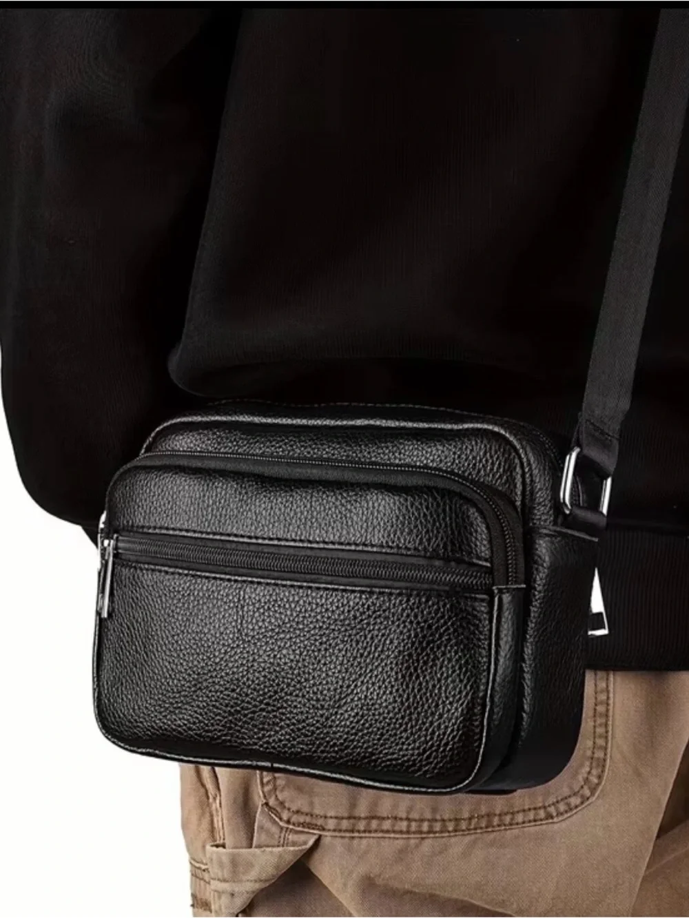Unisex small black leather bag